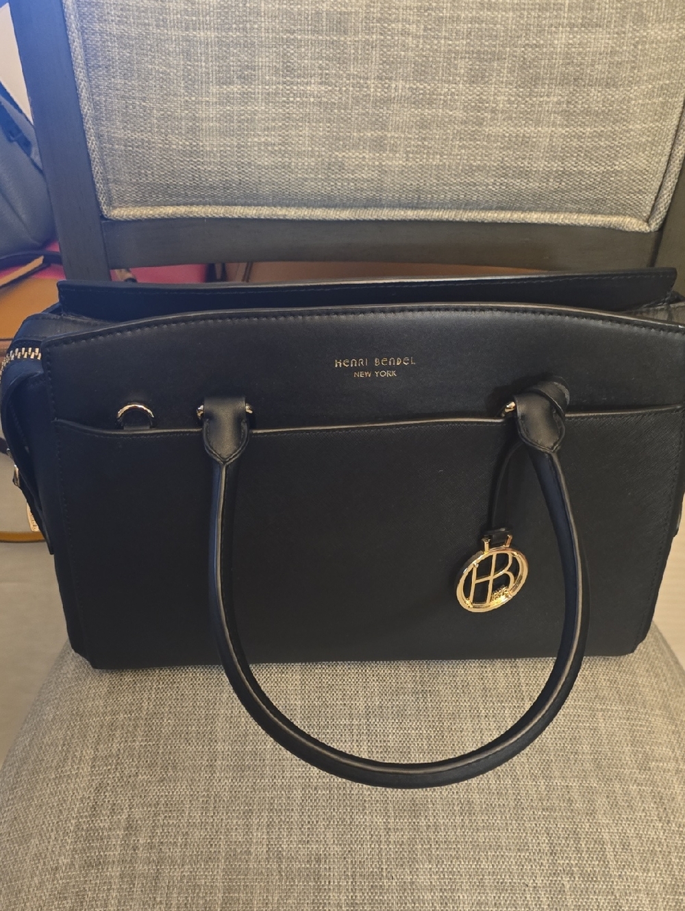 #41 Henri bendel Black Satchel with Gold Logo Charm